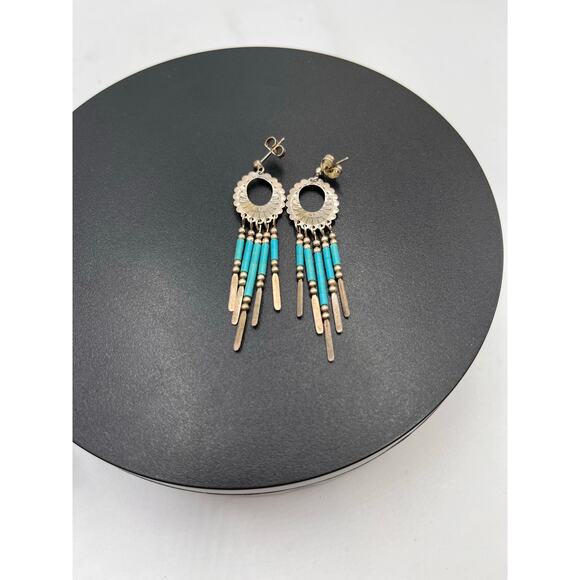 Q.T. Quoc Turquoise Southwest Sterling Silver Blue Beaded Concho Native earrings - Picture 6 of 7